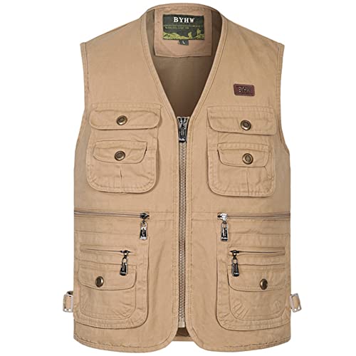 Oralidera Herren Weste Outdoor Wandern Anglerweste Fotografie Freizeitweste Sport Weste Baumwolle Safari Weste mit Vielen Taschen für Jagd Angeln Camping, 502_Khaki, L von Oralidera