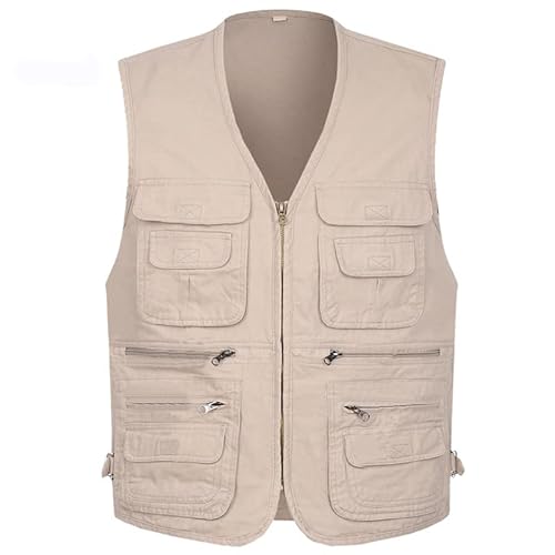 Oralidera Herren Weste Outdoor Wandern Anglerweste Fotografie Freizeitweste Sport Weste Baumwolle Safari Weste mit Vielen Taschen für Jagd Angeln Camping, Beige, XXL von Oralidera