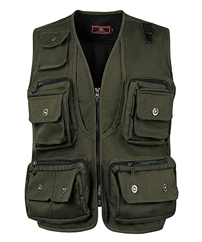 Oralidera Herren Weste Outdoor Wandern Anglerweste Fotografie Freizeitweste Sport Weste Baumwolle Safari Weste mit Vielen Taschen für Jagd Angeln Camping, TK_Grün, XL von Oralidera