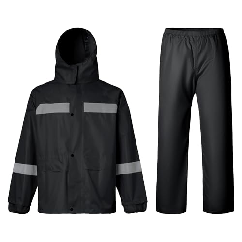Oralidera Regenanzug für Herren Damen Reflektierend Winddicht Regenanzug Regenbekleidung Fahrrad Regenjacke und Regenhose Wasserdichter Anzug, Schwarz, XL von Oralidera