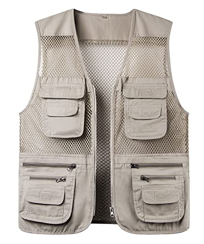 Oralidera Sommer Aermellose weste Herren Anglerweste Baumwolle Funktionsweste mit Vielen Taschen Journalist Fotoweste Leicht Wanderweste Trainingsweste Jagdweste Reisewesten Netzweste, Beige, XXL von Oralidera