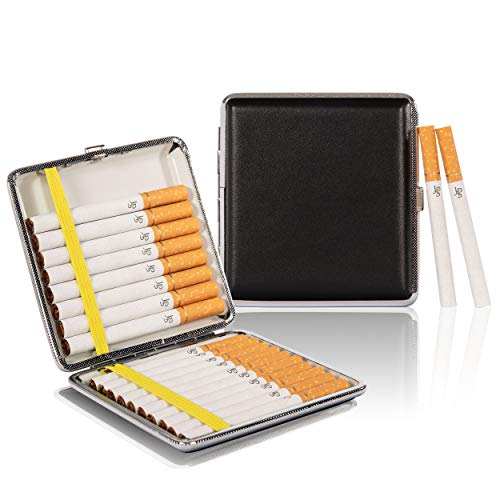 Zigarettenetui Metall Leder Schwarz - 20 Zigaretten 9x9x1,7 cm - Zigarettenbox für Drehzigaretten Filterzigaretten - Etui mit Gummiband und Schnappverschluss - Zigarettenzubehör Edel Elegant PU-Leder von Oramics