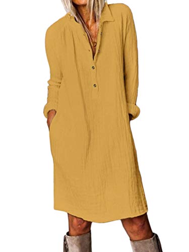 ORANDESIGNE Baumwolle Leinen Kleider Damen V-Ausschnitt Blusenkleid Hemdkleid Elegantes Sommerkleid Knielang Langarm Tunikakleid Locker mit Taschen Gelb 3XL von ORANDESIGNE