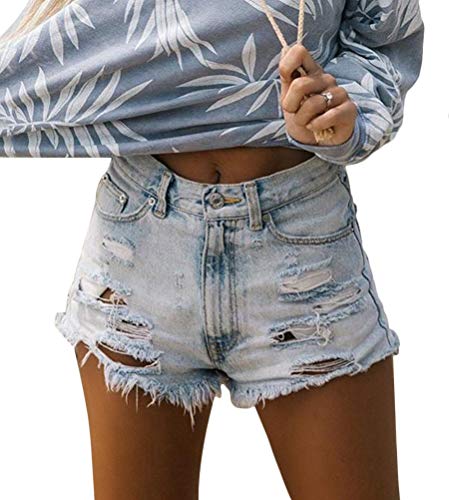 ORANDESIGNE Damen Jeans Bermuda Shorts Sommer Jeansshorts High Waist Denim Kurze Hose Strecken Zerrissen Roher Saum Denim Kurze Jeans 03 Hellblau Small von ORANDESIGNE