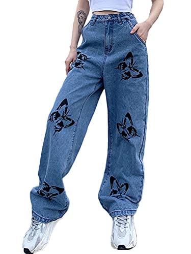 ORANDESIGNE Damen Jeans High Waist Denim Hose Stretch Straight Jeans Baggy Boyfriend Jeanshose Teenager Mädchen Lässig Denim Hosen Weich Pants Freizeithose 13 Blau M von ORANDESIGNE