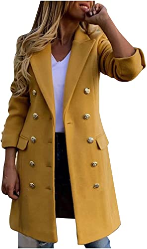 ORANDESIGNE Jacke Damen Trenchcoat Langer Herbst Winter Mantel Trenchcoat Warm Slim Langer Jacken Overcoat Oberbekleidung Mode Einfarbig Revers Damenmantel Wollmantel Windjacke Z2 Gelb XL von ORANDESIGNE