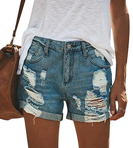 ORANDESIGNE Jeansshorts Damen Kurz Hose Bermuda Shorts Sommer Hohe Taille Ripped Loch Jeans Hotpants 04 Blau Large von ORANDESIGNE