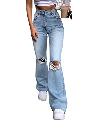 ORANDESIGNE Schlaghosen Damen Jeanshosen Röhrenjeans Skinny Slim Fit Stretch Stylische Boyfriend Jeans Zerrissene Destroyed Jeans Hose mit Löchern Lässig J Hellblau M von ORANDESIGNE