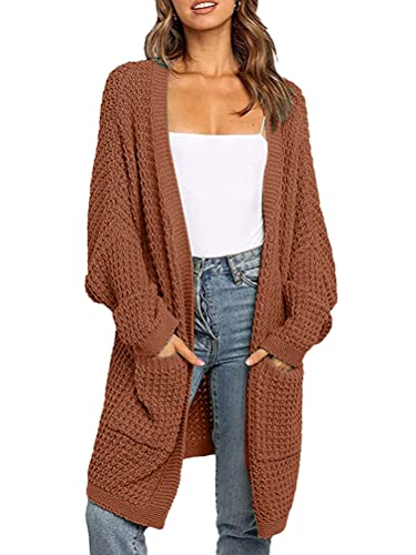 ORANDESIGNE Strickmantel Damen Strickjacke Fledermausärmel Cardigan Lang Elegant Strickmantel Frauen Casual Strickcardigan Langarm Gestrickt Knielänge Sweater Outwear mit Tasche 01 Ziegelrot M von ORANDESIGNE