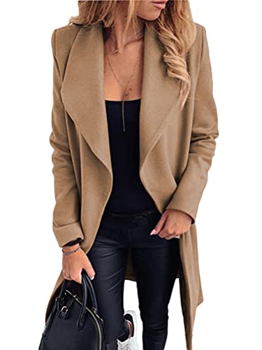 ORANDESIGNE Wintermantel Damen Lang Einfarbig Wollmantel Outwear Revers Mantel Frauen Mittellanger Mantel Elegant Schlank Mantel Z1 Khaki XL von ORANDESIGNE