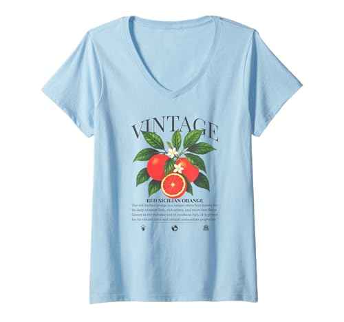 Damen Vintage Obst Rot Sizilianische Orange Sommer T-Shirt mit V-Ausschnitt von Orange Citrus Garden Botanical Retro Designs