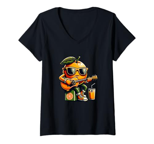 Damen Coole Orange Mit Gitarre Sonnenbrille Zitrus Musik Saft T-Shirt mit V-Ausschnitt Damen Coole Orange Mit Gitarre Sonnenbrille Zitrus Musik Saft T-Shirt mit V-Ausschnitt von Orange Gitarre Sonnenbrille Zitrus Musik Saft