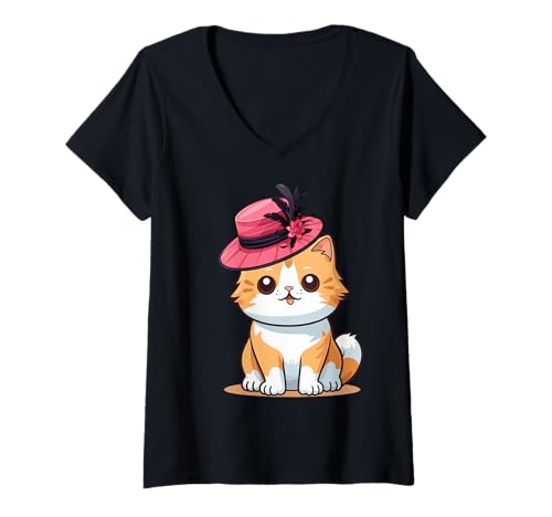 Damen Oranger Hut Katze mit lustigem Unisex-Design für Männer und Frauen T-Shirt T-Shirt mit V-Ausschnitt Damen Oranger Hut Katze mit lustigem Unisex-Design für Männer und Frauen T-Shirt T-Shirt mit V-Ausschnitt von Orange Hat Cat With Funny Unisex Design Tee