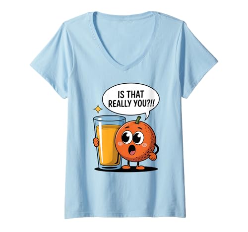 Damen Lustiger orangefarbener Cartoon-Comic T-Shirt mit V-Ausschnitt von Orange Joke Food Humor Juice