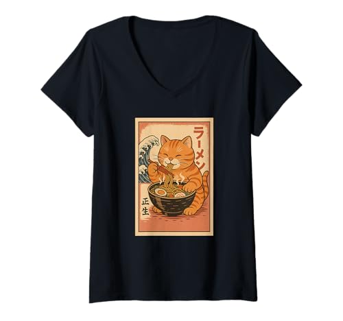 Damen Orange Katze isst Ramen Nudeln Japanisches Vintage T-Shirt mit V-Ausschnitt von Orange Katze Ramen Nudeln Retro Kawaii Shop