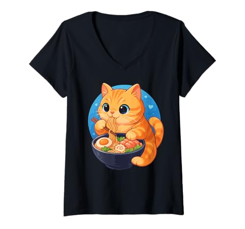 Damen Orange Katze isst Sushi Japanisches Vintage T-Shirt mit V-Ausschnitt von Orange Katze Sushi Retro Kawaii Shop