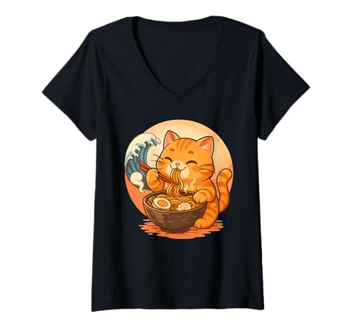 Damen Orange Katze isst Sushi Japanisches Vintage T-Shirt mit V-Ausschnitt von Orange Katze Sushi Retro Kawaii Shop