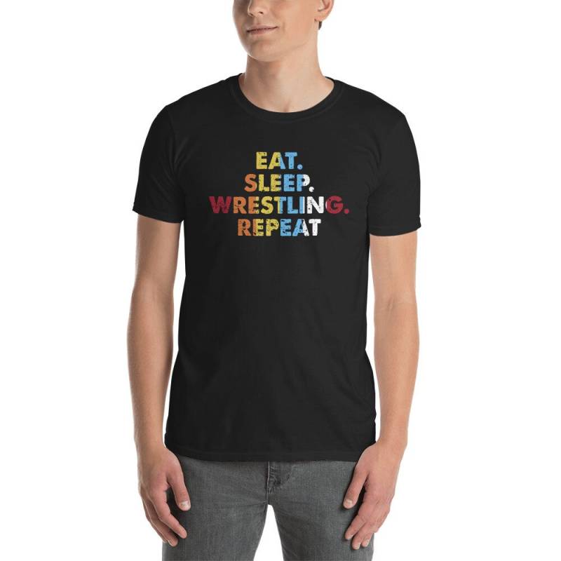 Retro Eat. Schlafen. Wrestling. Wiederholen. Vintage Sport Spruch Neuheit Geschenkidee - Unisex T-Shirt von OrangePieces