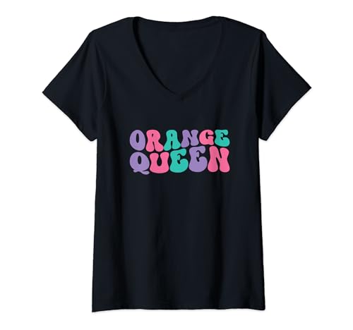 Damen Oranges Queen Damen Retro Vintage Wellig Groovy T-Shirt mit V-Ausschnitt von Oranges Queen Clothing Co