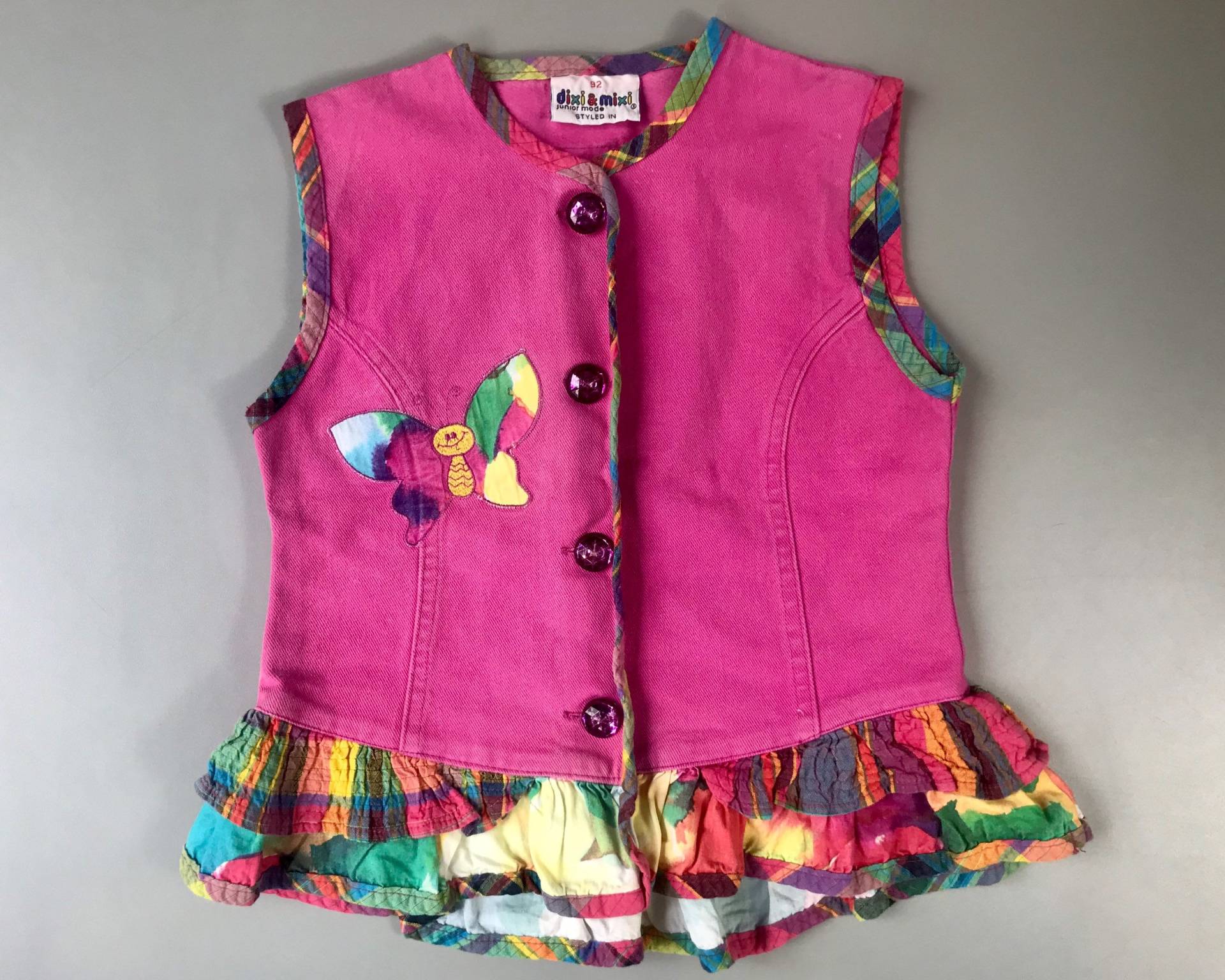 Vintage 1990Er Bunte Denim Weste Mädchen 18-24 Monate Schmetterling Rosa Rüschen von OrangesandLemonsJnr