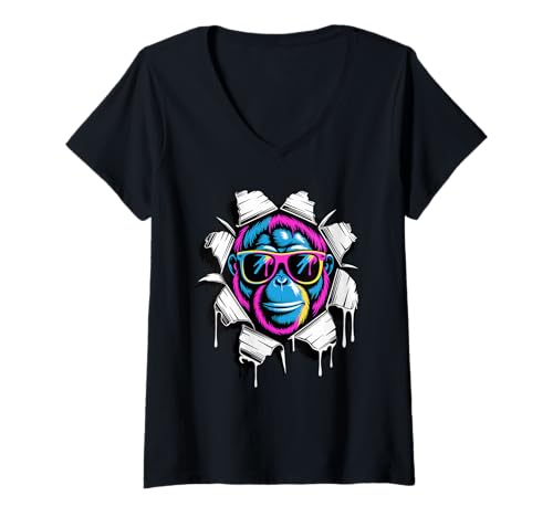 Damen Gerissener Papiereffekt Orang-Utan Sonnenbrille Orang-Utans T-Shirt mit V-Ausschnitt Damen Gerissener Papiereffekt Orang-Utan Sonnenbrille Orang-Utans T-Shirt mit V-Ausschnitt von Orangutans Orangutan Lover Gifts