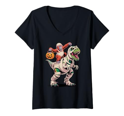 Damen Halloween T-Rex Dinosaurier Orang-Utan Mumie Tyrannosaurus T-Shirt mit V-Ausschnitt von Orangutans Orangutan Lover Gifts