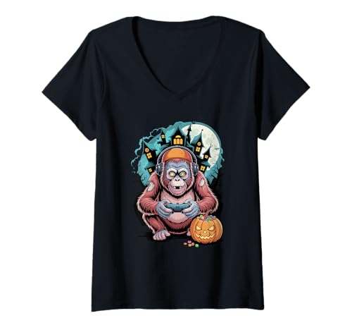 Damen Halloween Zombie Orang-Utan Gamer Verlassenes Schloss Gaming T-Shirt mit V-Ausschnitt von Orangutans Orangutan Lover Gifts