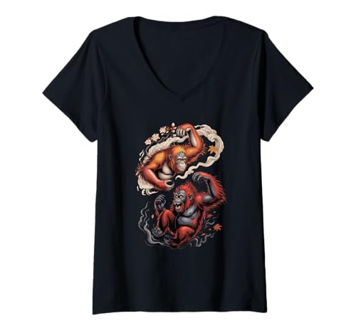 Damen Japanische Kunst Orang-Utan Gut und Teufel Orang-Utans T-Shirt mit V-Ausschnitt von Orangutans Orangutan Lover Gifts