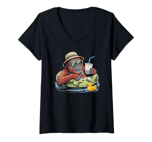 Damen Orang-Utan Boba Perlen Milchtee Orang-Utans T-Shirt mit V-Ausschnitt von Orangutans Orangutan Lover Gifts