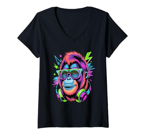Damen Punk Ära Stil Orang-Utan Sonnenbrille Orang-Utans T-Shirt mit V-Ausschnitt von Orangutans Orangutan Lover Gifts