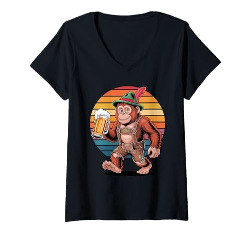Damen Retro Orang-Utan Bier Trinkend Orang-Utans T-Shirt mit V-Ausschnitt von Orangutans Orangutan Lover Gifts