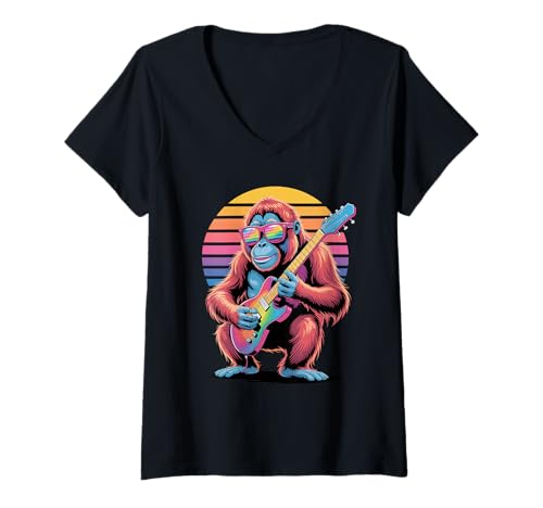 Damen Retro Orang-Utan Gitarrist Orang-Utans Gitarre T-Shirt mit V-Ausschnitt von Orangutans Orangutan Lover Gifts