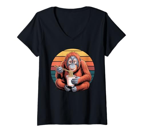 Damen Retro Orang-Utan Instant Cup Nudeln Orang-Utans T-Shirt mit V-Ausschnitt von Orangutans Orangutan Lover Gifts