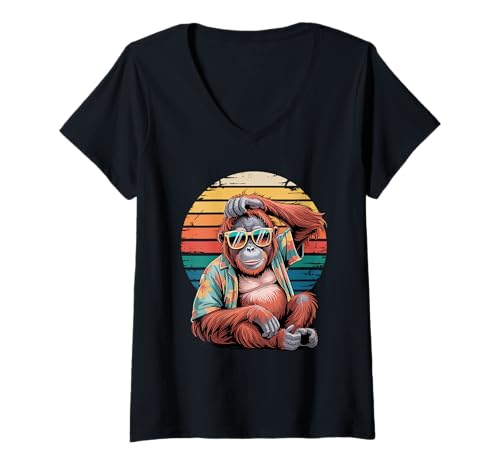 Damen Retro Orang-Utan Sonnenbrille Hawaii Strand Sommer Urlaub T-Shirt mit V-Ausschnitt von Orangutans Orangutan Lover Gifts