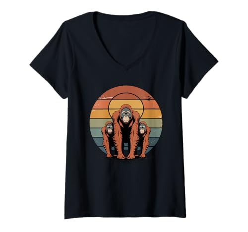 Damen Retro Sonnenuntergang Orang-Utan Silhouette Orang-Utans T-Shirt mit V-Ausschnitt von Orangutans Orangutan Lover Gifts