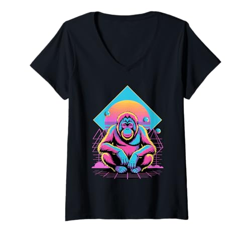 Damen Retro Synthwave Orang-Utan Orang-Utans T-Shirt mit V-Ausschnitt von Orangutans Orangutan Lover Gifts