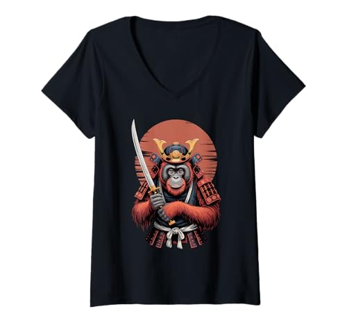 Damen Samurai Orang-Utan Katana Schwert Orang-Utans T-Shirt mit V-Ausschnitt von Orangutans Orangutan Lover Gifts