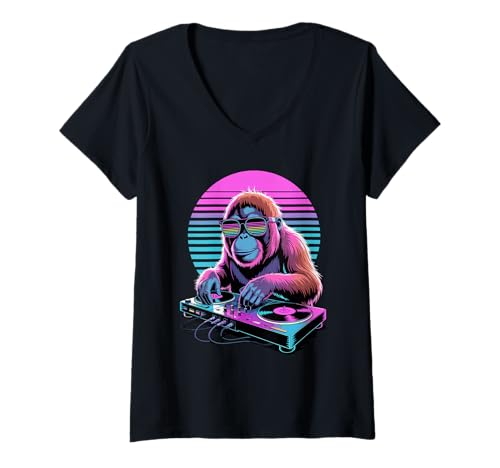 Damen Synthwave Orang-Utan DJ Sonnenbrille Orang-Utans T-Shirt mit V-Ausschnitt von Orangutans Orangutan Lover Gifts