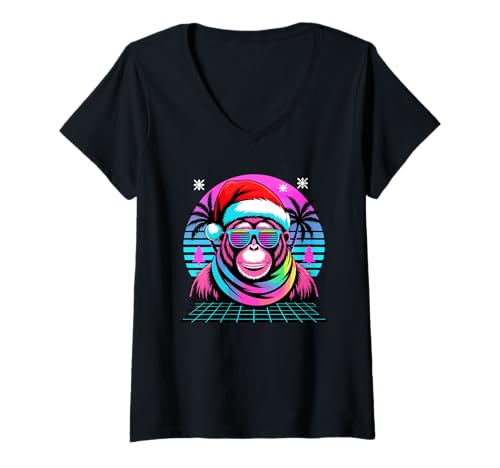 Damen Weihnachten Synthwave Orang-Utan Sonnenbrille Orang-Utans T-Shirt mit V-Ausschnitt Damen Weihnachten Synthwave Orang-Utan Sonnenbrille Orang-Utans T-Shirt mit V-Ausschnitt von Orangutans Orangutan Lover Gifts