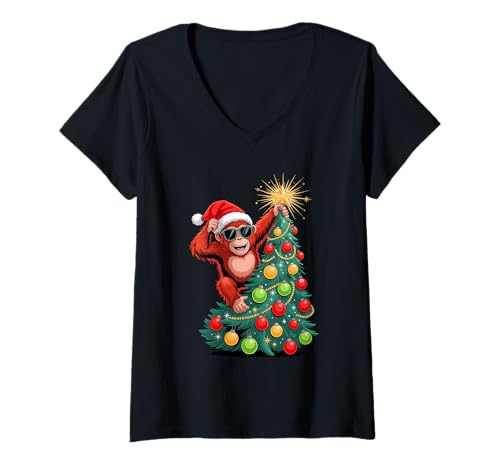 Damen Weihnachtsbaum Orang-Utan Sonnenbrille Orang-Utans T-Shirt mit V-Ausschnitt von Orangutans Orangutan Lover Gifts