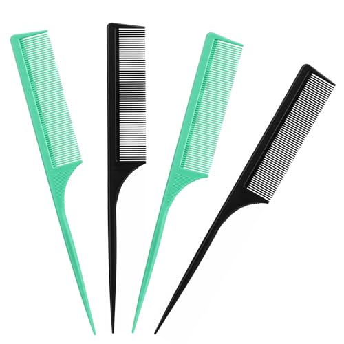 Oranllow Rattenschwanzkämme für Frauen, feine Zähne, antistatisch, Karbonfaser, Scheitel- und Stylingkämme (grün, schwarz) (schwarz und grün), 4 Stück von Oranllow