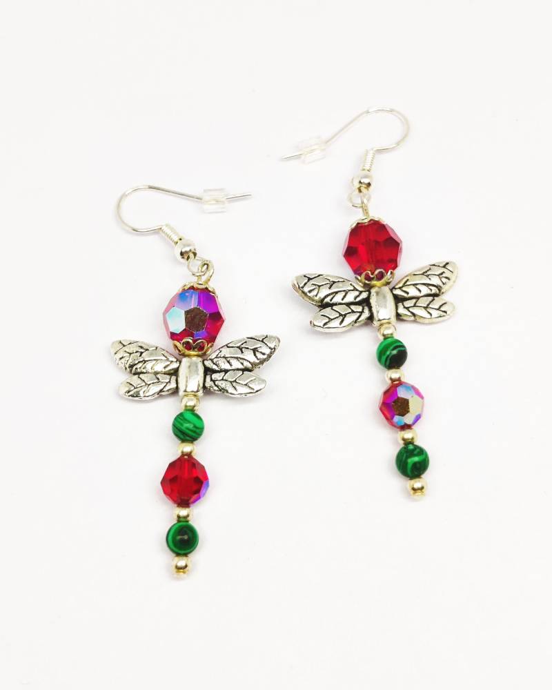 Hypoallergene Libellen-Ohrringe Mit Ruby Ab Swarovski Perlen Und Echtem Malachit Kristall - 100% Papierverpackung Irish Shop von Orashine