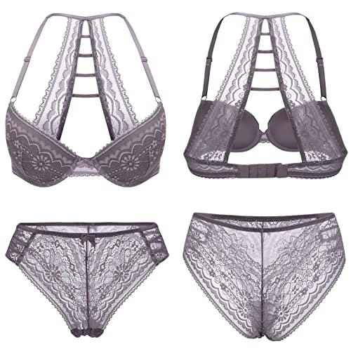 Orbescl Damen Fach BH Zweiteilige Tiefer V-Ausschnitt Leichte Glamouröse Unterwäsche Lingerie Set, Grau-b, 85C von Orbescl