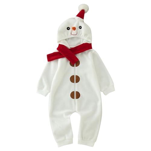 Baby Weihnachtsoutfit, Baby Junge Mädchen Weihnachten Strampler Samt Kapuzenpulli Schneemann Jumpsuit Kleinkind Pyjama Weihnachtskleidung Kleinkind Schneemann Form Bodysuit (01-White, 6-12 Months) von Orbgons