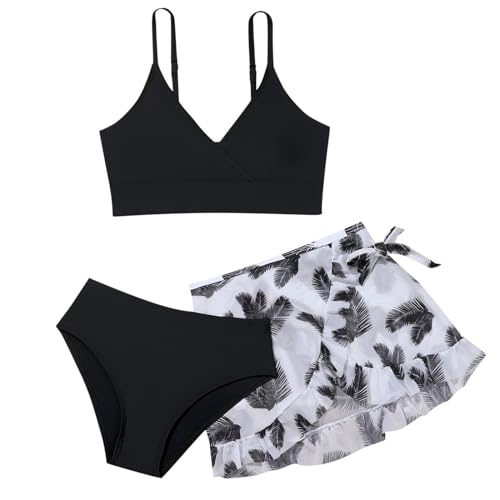 Bikini Teenager Mädchen 3-Teiliger BikiniSets Verstellbare Crisscross Badeanzug mädchen Schwimmanzug Oberteil Triangel Bikinihose Röcken Blätter Druck Badebekleidung für 8-18 (Black, 13-14 Years) Bikini Teenager Mädchen 3-Teiliger BikiniSets Verstellbare Crisscross Badeanzug mädchen Schwimmanzug Oberteil Triangel Bikinihose Röcken Blätter Druck Badebekleidung für 8-18 (Black, 13-14 Years) von Orbgons