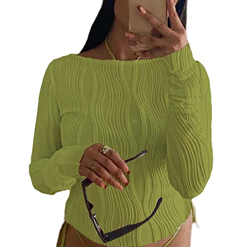 Damen Bluse Y2 K Sexy Rückenfreies Oberteil Slim Fit Crop Top Langarmshirt Crewneck Taillierte T-Shirts Casual Retro Streetwear Bauchfrei enge Oberteile Rundhal Pullover Teenager Mädchen (05-Green, S) von Orbgons