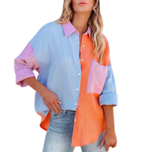 Damen Oversize Langarmshirt Colour-Blocking Elegantes Langarm Hemd Top Oversized Sommer Kurzarm Blusen Langärmeliges Shirt Oberteile Elegant Shirts Bluse Einfarbig Basic Unterhemd Top (Blue, XXL) von Orbgons