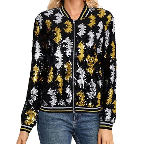 Damen Pailletten Jacke Open Front Langarm Elegant Glitzer Cardigan Festliche Party PaillettenBlazer Damen Langarm Jacken Sakko PaillettenBlazer Jacke Elegant Kurz Sakko Karneval (06 Black, M) von Orbgons