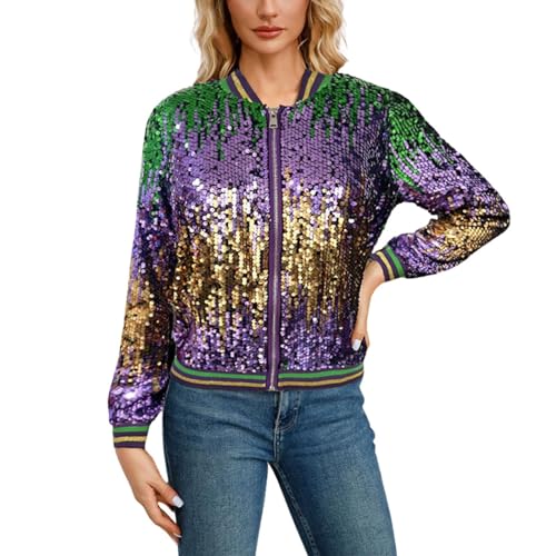Damen PaillettenBlazer Glitzer Cardigan Jacke Langarm Glitzer Bomberjacke Party Club Jacke Pailletten- Damen Tailliert Anzugjacke Glitzer Tops Kurz Oberteile Glitzer Outfits (03 Purple, XXL) von Orbgons