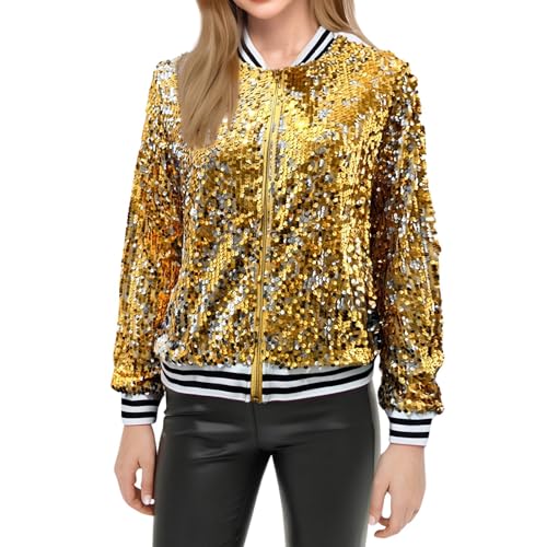 Damen PaillettenBlazer Glitzer Cardigan Jacke Langarm Glitzer Bomberjacke Party Club Jacke Pailletten- Damen Tailliert Anzugjacke Glitzer Tops Kurz Oberteile Glitzer Outfits (05 Yellow, XXXL) von Orbgons